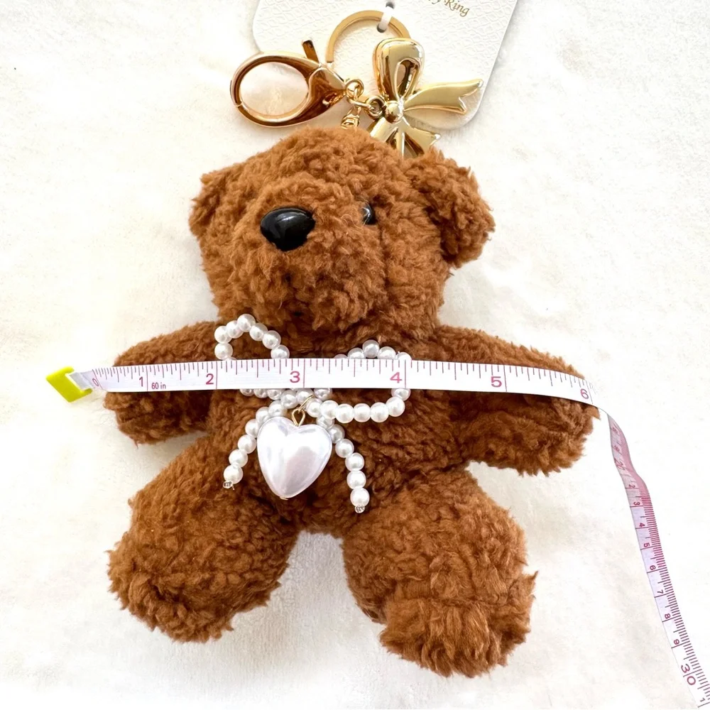 Natasha Brown Teddy Bear Plushie w/ Bows & Heart Key Chain / Bag Charm